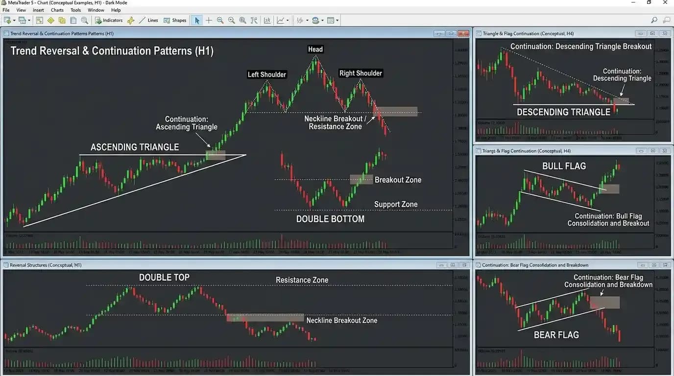 Chart Patterns in Trading: Continuation & Reversal Guide — Medatiq Markets article